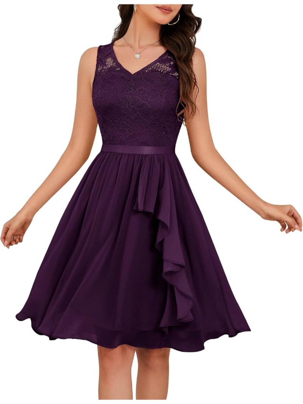 Women's Grape Chiffon V Neck Sleeveless A LINE Lace Cocktail Bodycon Maxi Dress